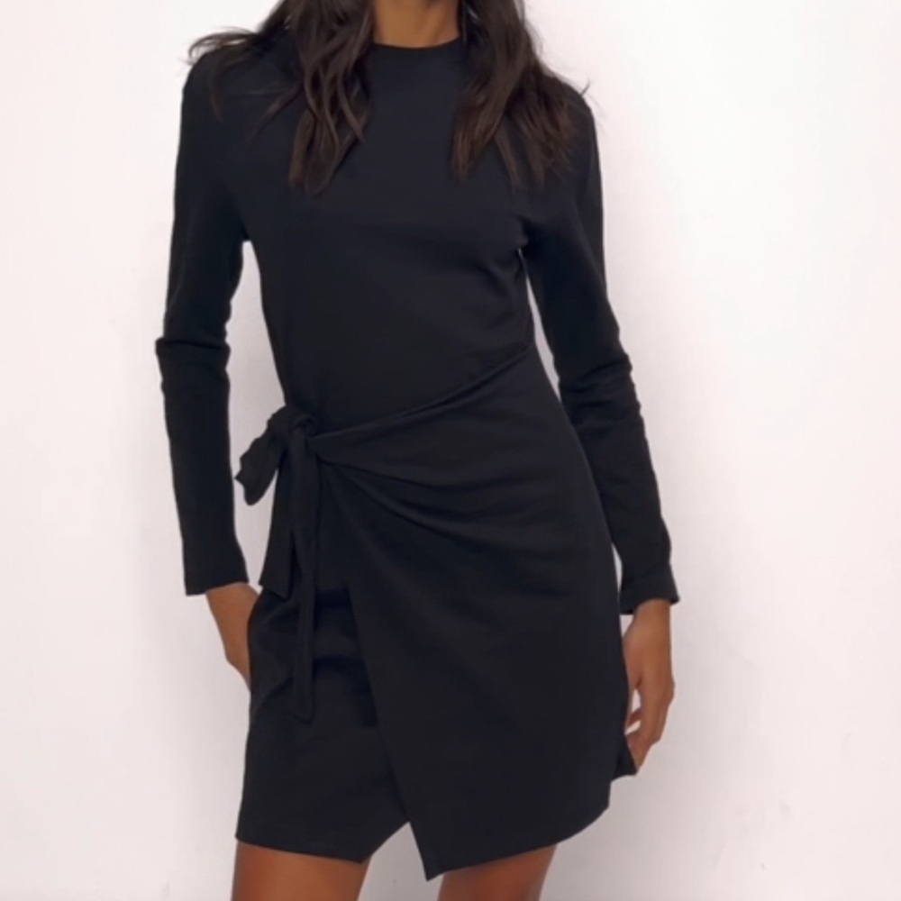Nation LTD Black Wrap Tie Dress Long Sleeve Minimalist Chic Adjustable Waist